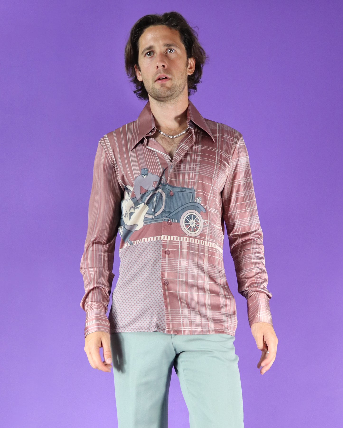 RARE Vintage 1970s Nik Nik Disco Shirt Art Deco Car Print
