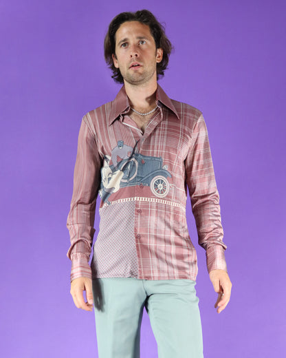 RARE Vintage 1970s Nik Nik Disco Shirt Art Deco Car Print