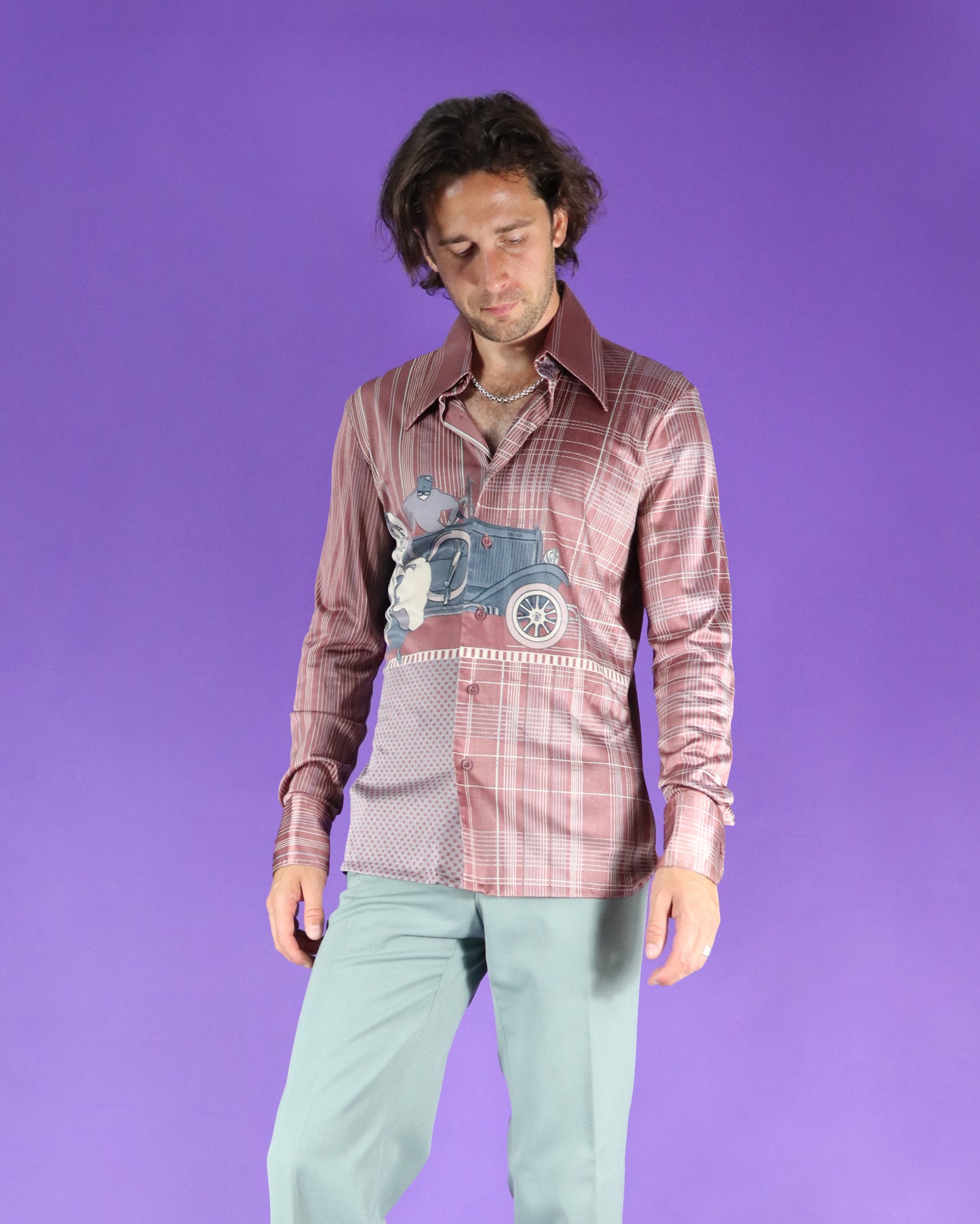 RARE Vintage 1970s Nik Nik Disco Shirt Art Deco Car Print