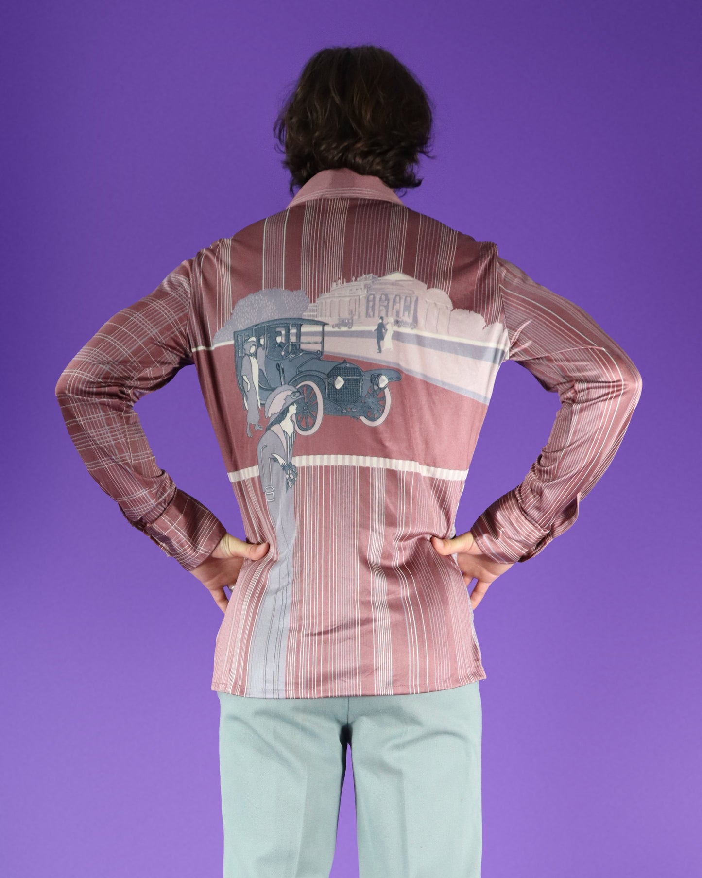 RARE Vintage 1970s Nik Nik Disco Shirt Art Deco Car Print