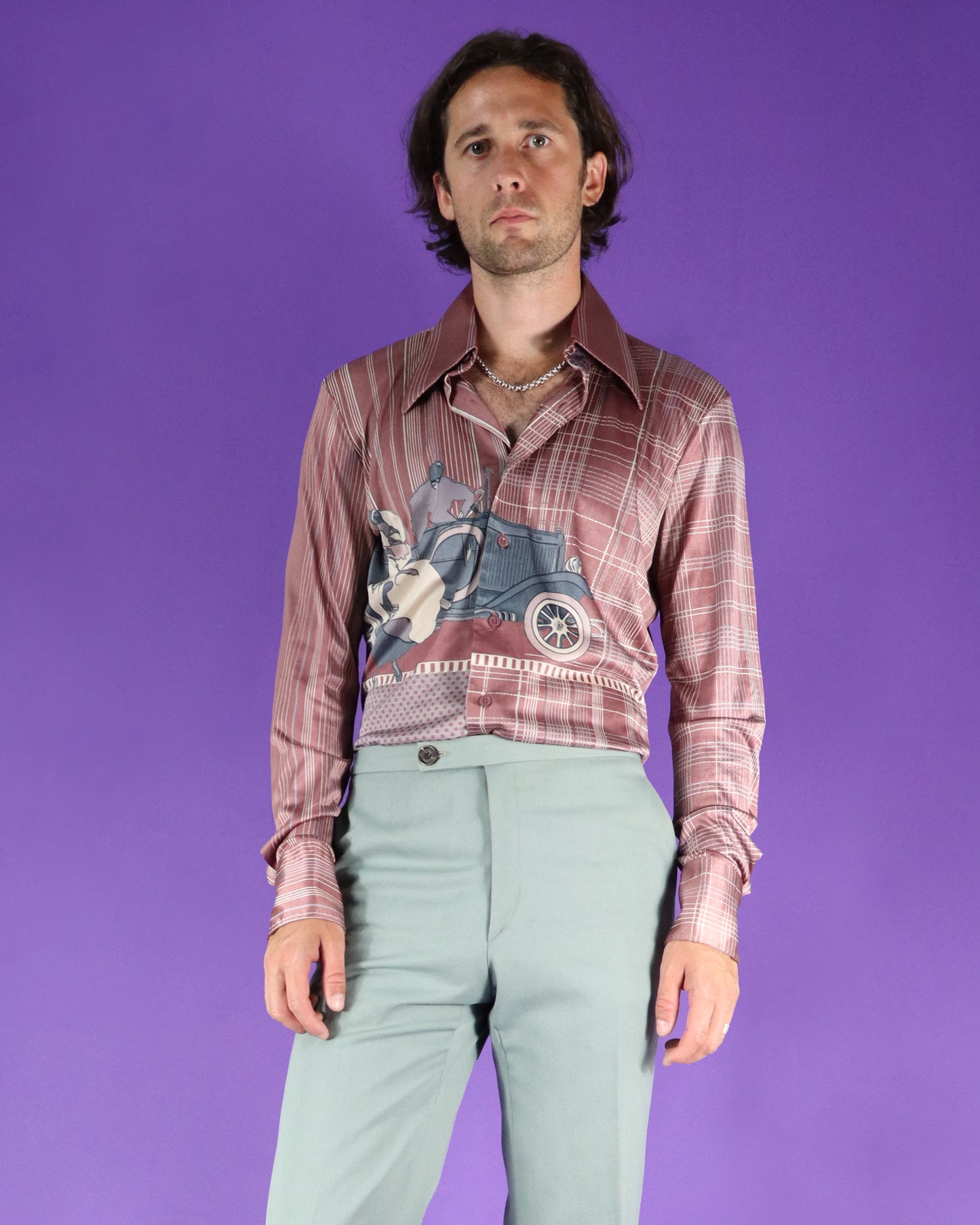 RARE Vintage 1970s Nik Nik Disco Shirt Art Deco Car Print