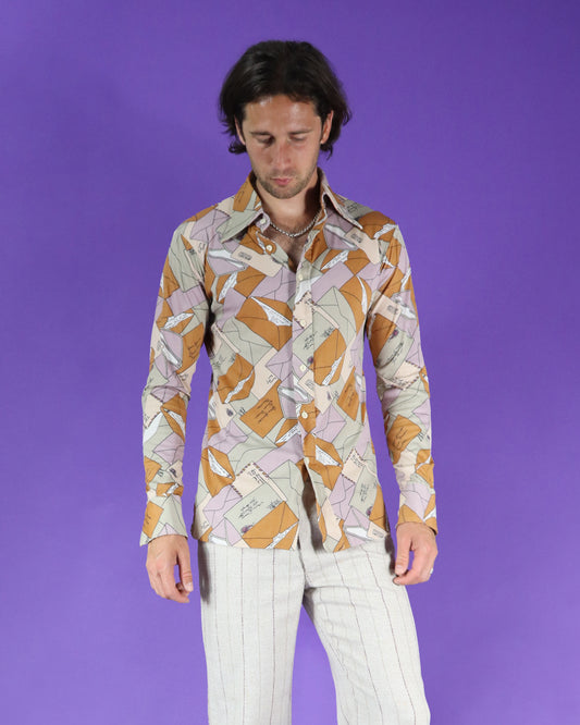 Vintage 1970s Hukapoo Disco Shirt Letters Envelope Print