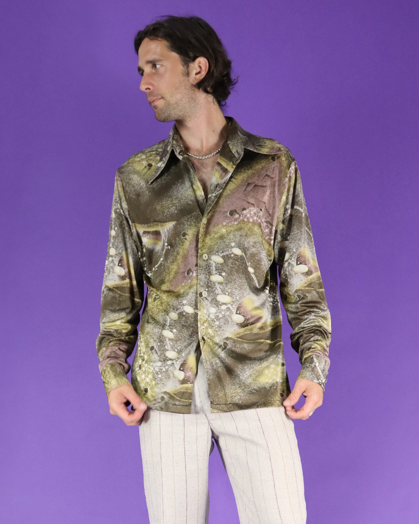 Vintage 1970s Disco Shirt Space Age Planets Print