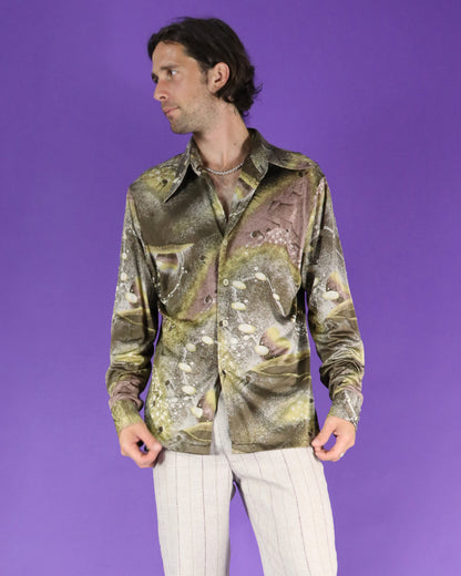 Vintage 1970s Disco Shirt Space Age Planets Print