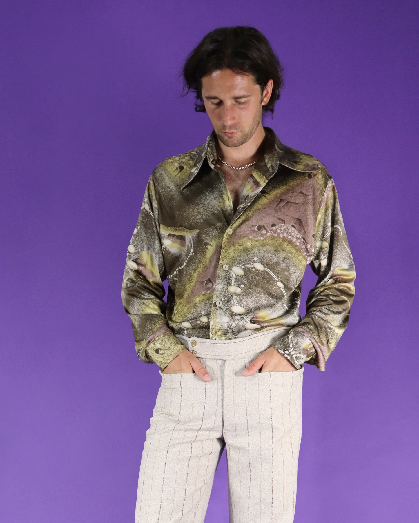 Vintage 1970s Disco Shirt Space Age Planets Print