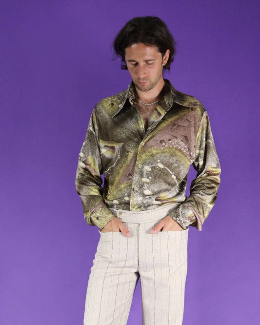 Vintage 1970s Disco Shirt Space Age Planets Print