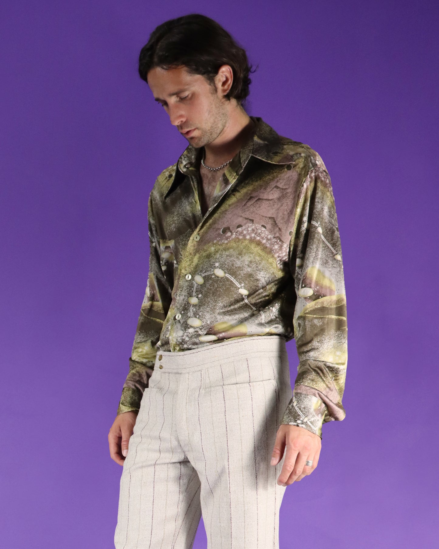 Vintage 1970s Disco Shirt Space Age Planets Print