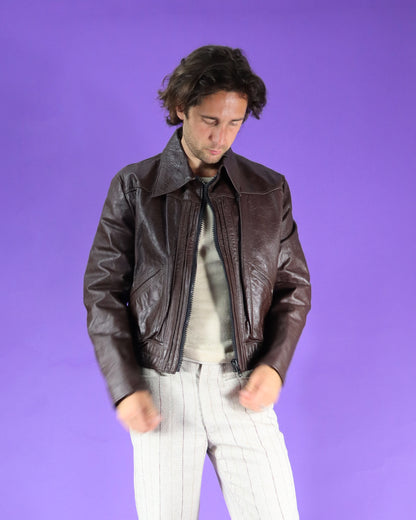Vintage 1970s Brown Leather Bomber Jacket