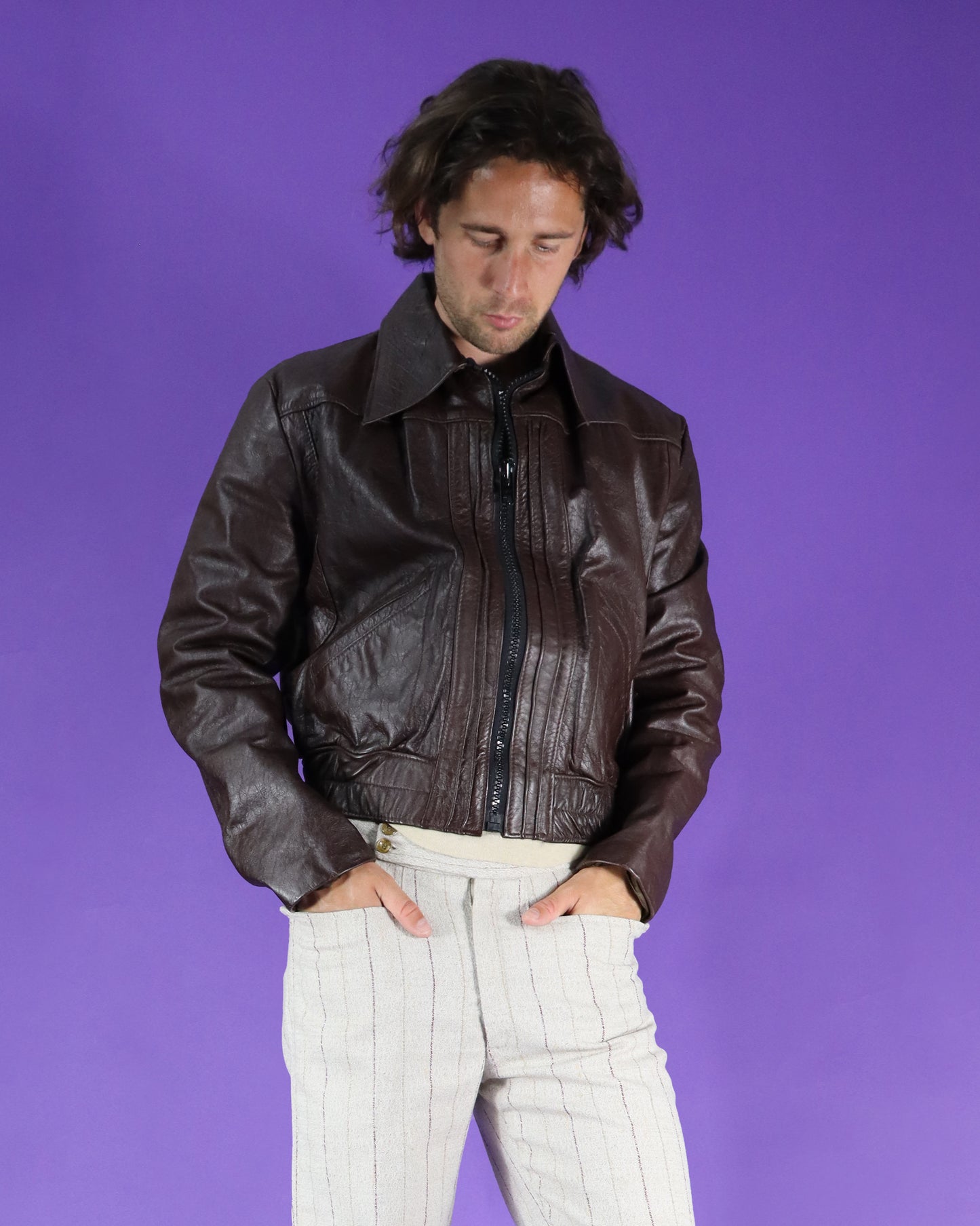 Vintage 1970s Brown Leather Bomber Jacket