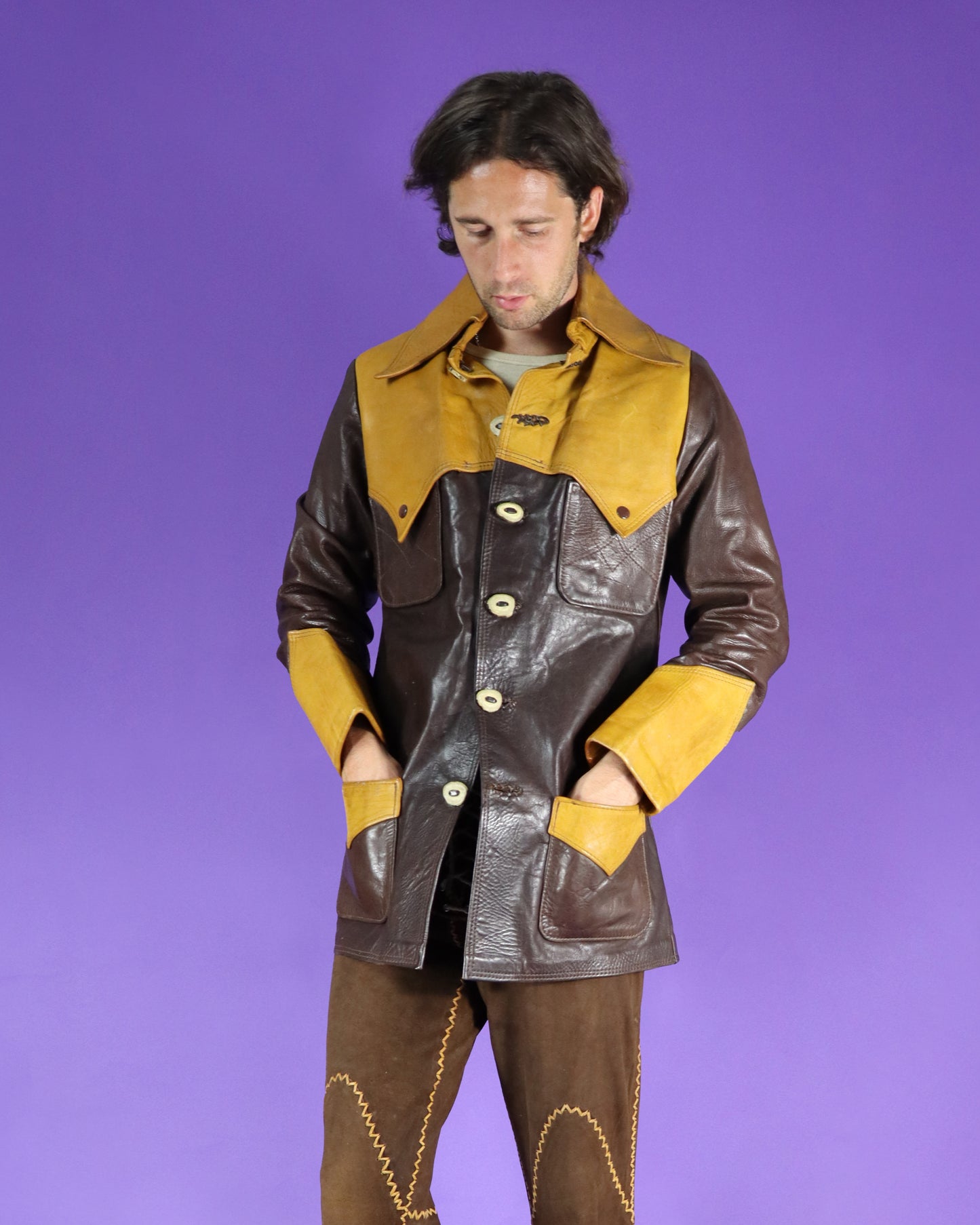 Vintage 1970s Two Tone Hand Crafted Leather Jacket