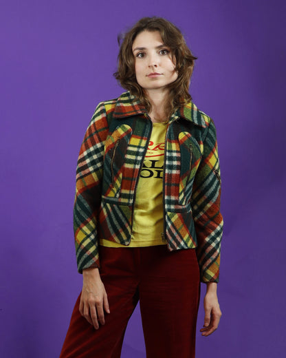 Vintage 1970s Plaid Gingham Wool Jacket Glam Rock