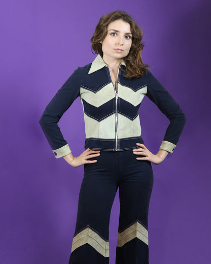 Vintage 1970s Roncelli Chevron Suede and Denim Suit