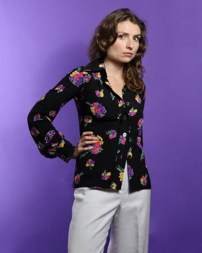 Vintage 1970s Floral Print Silk Bell Sleeve Shirt