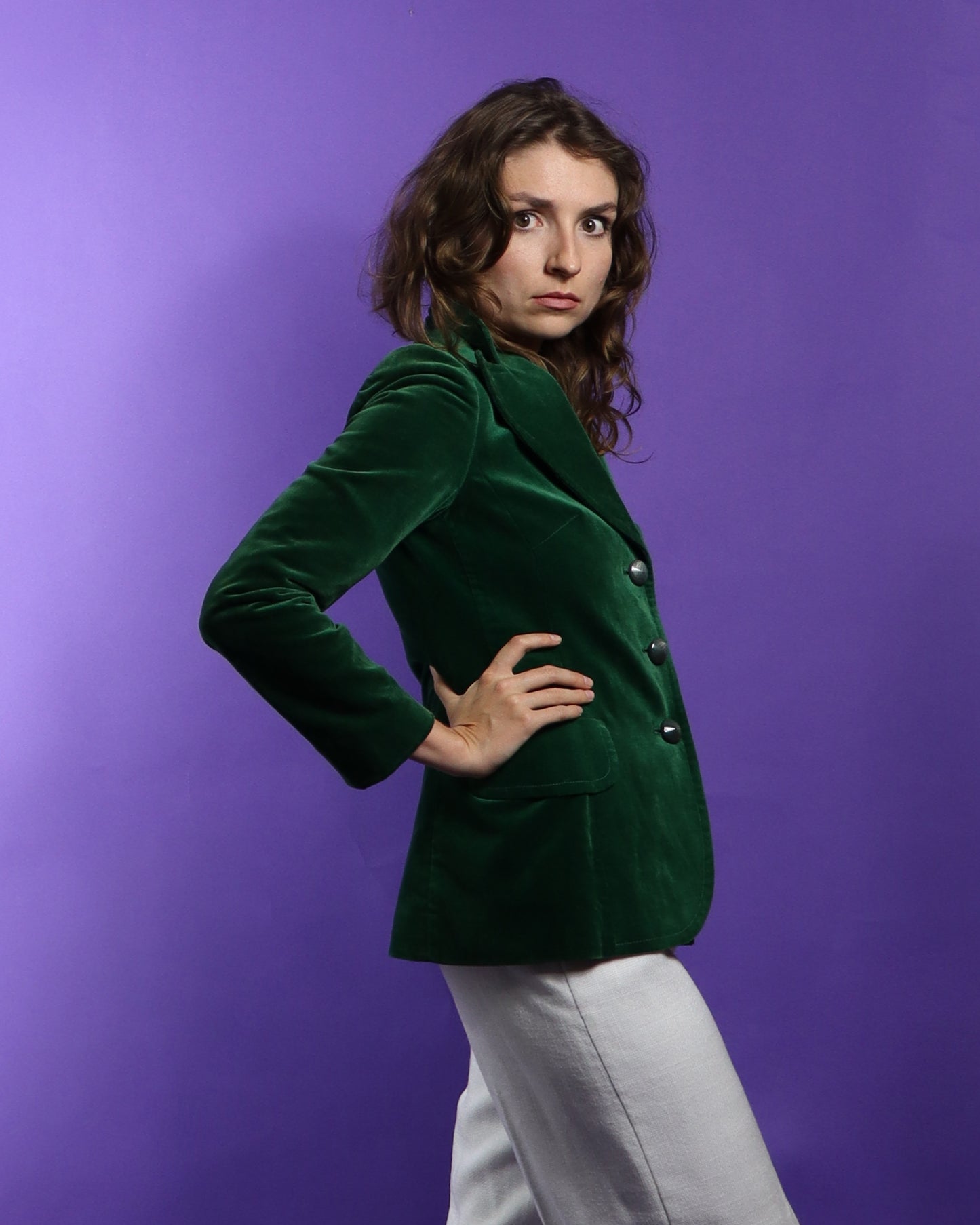 Vintage 1970s Emerald Green Velvet Blazer with Peaked Lapel