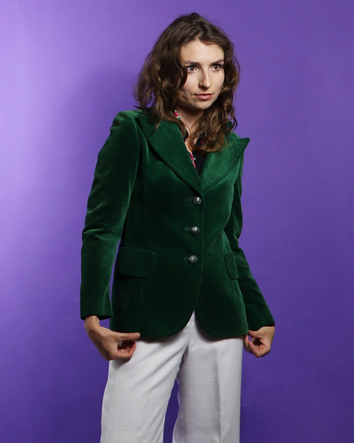 Vintage 1970s Emerald Green Velvet Blazer with Peaked Lapel