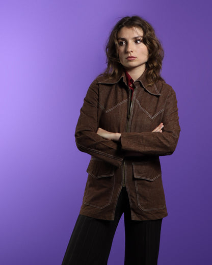 Vintage 1970s Brown Dagger Collar Zip Up Jacket