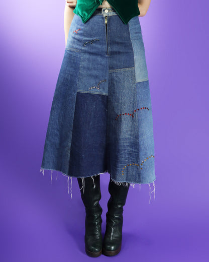 Vintage 1970s Denim Patchwork Skirt with Rhinestones