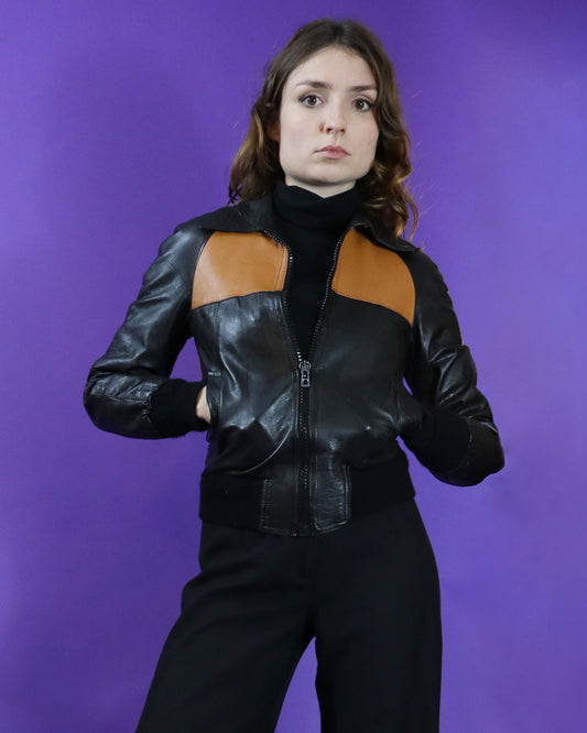 Vintage 1970s Tan and Black Leather Bomber Jacket