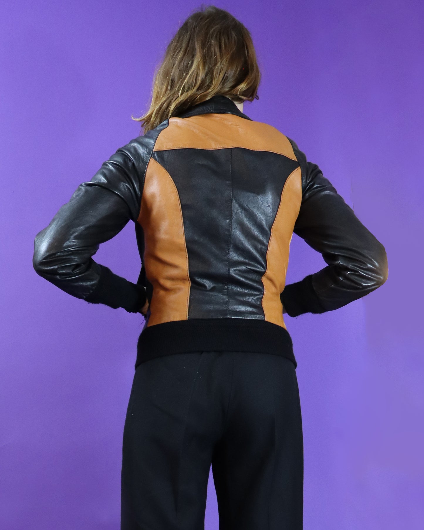 Vintage 1970s Tan and Black Leather Bomber Jacket