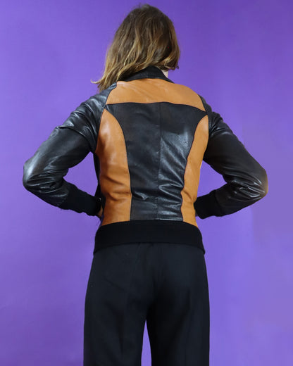 Vintage 1970s Tan and Black Leather Bomber Jacket