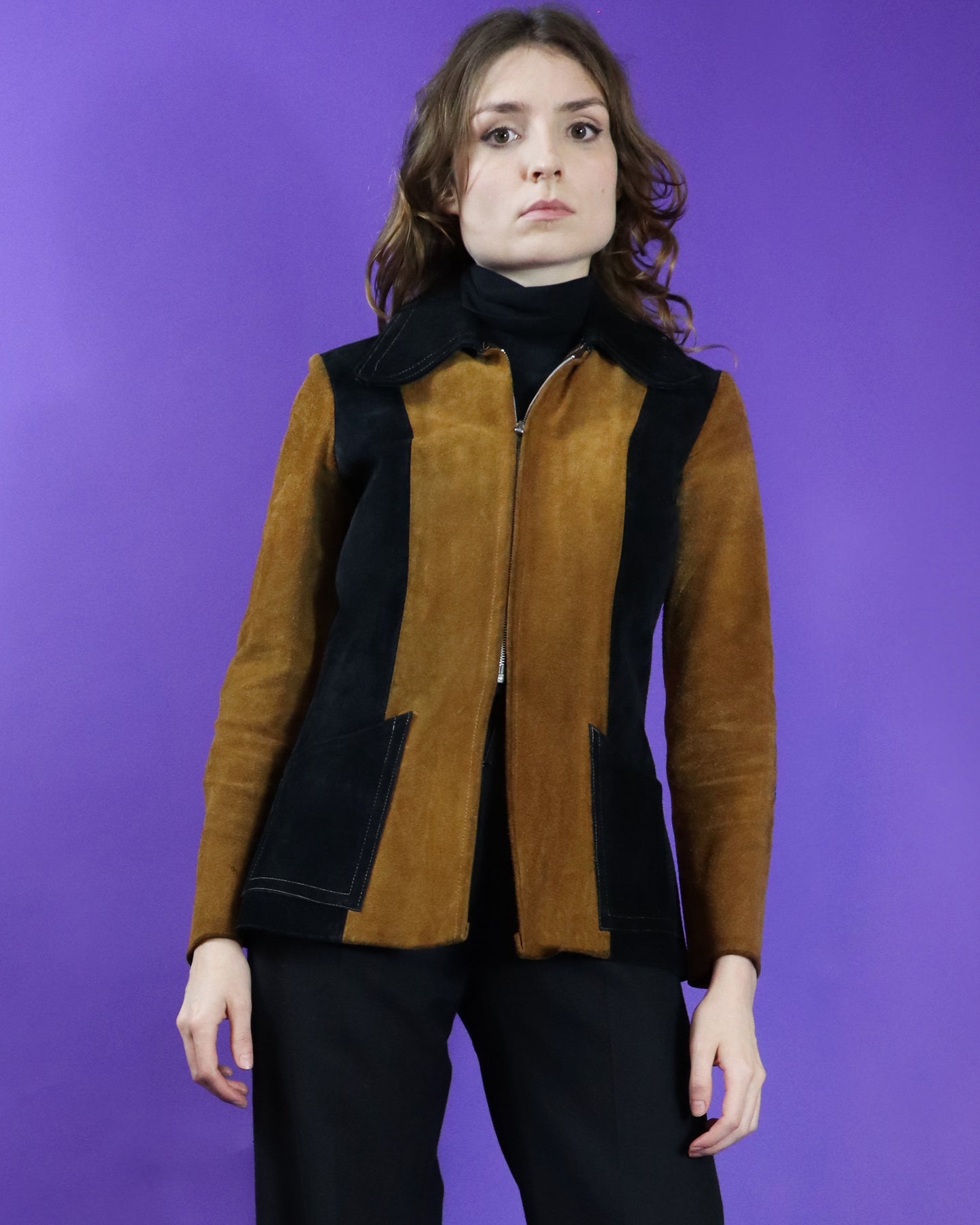 Vintage 1970s Two Tone Gold and Black Suede Beagle Collar Jacket