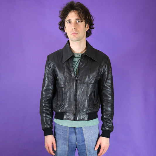 Vintage 1970s Black Leather Bomber Jacket