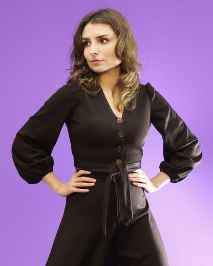 Vintage 1970s Chocolate Brown Palazzo Pant Suit Wide Leg Flares Balloon Sleeve