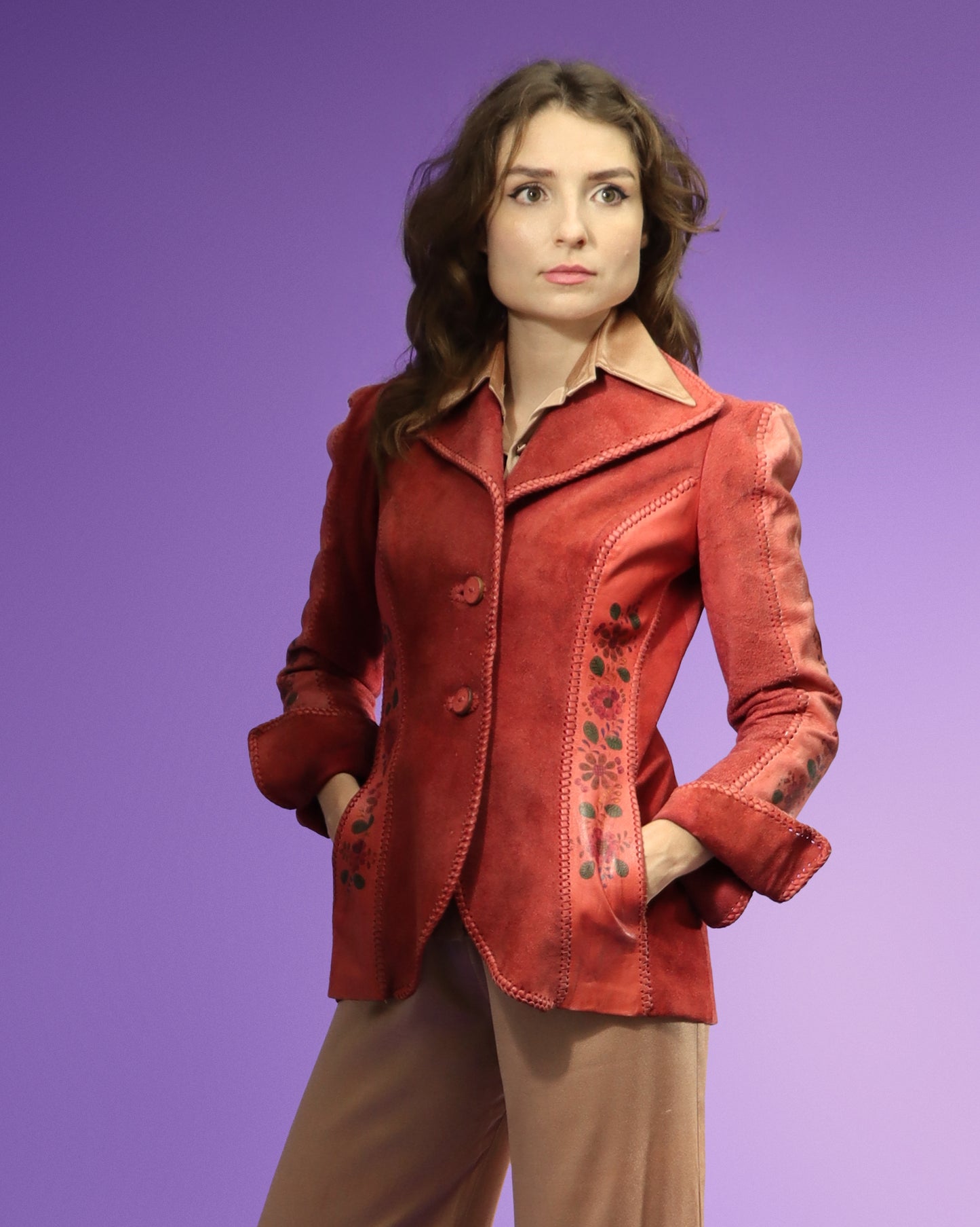 Vintage 1970s Char Pink Suede Whipstitch Jacket