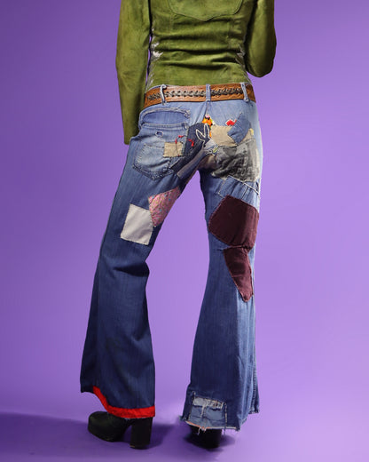 Vintage 1970s Original Patchwork Denim Hippie Flares Jeans Customised