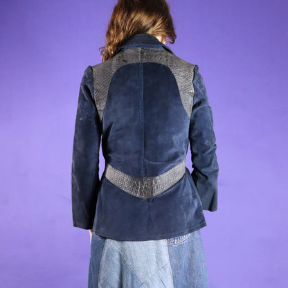 Vintage 1970s Inky Blue Suede and Snakeskin Trim Tie Belt Jacket