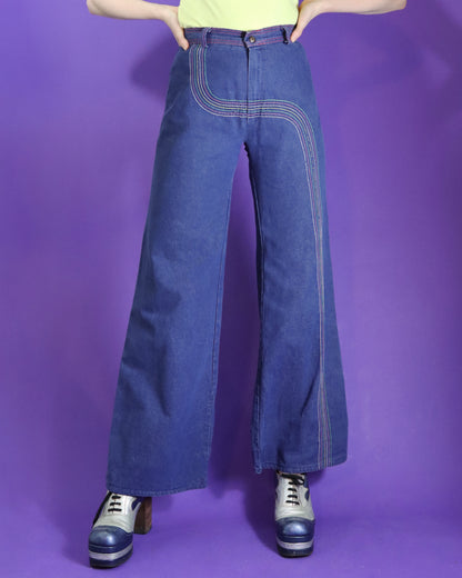 Vintage 1970s Rainbow Stitch Denim Flares