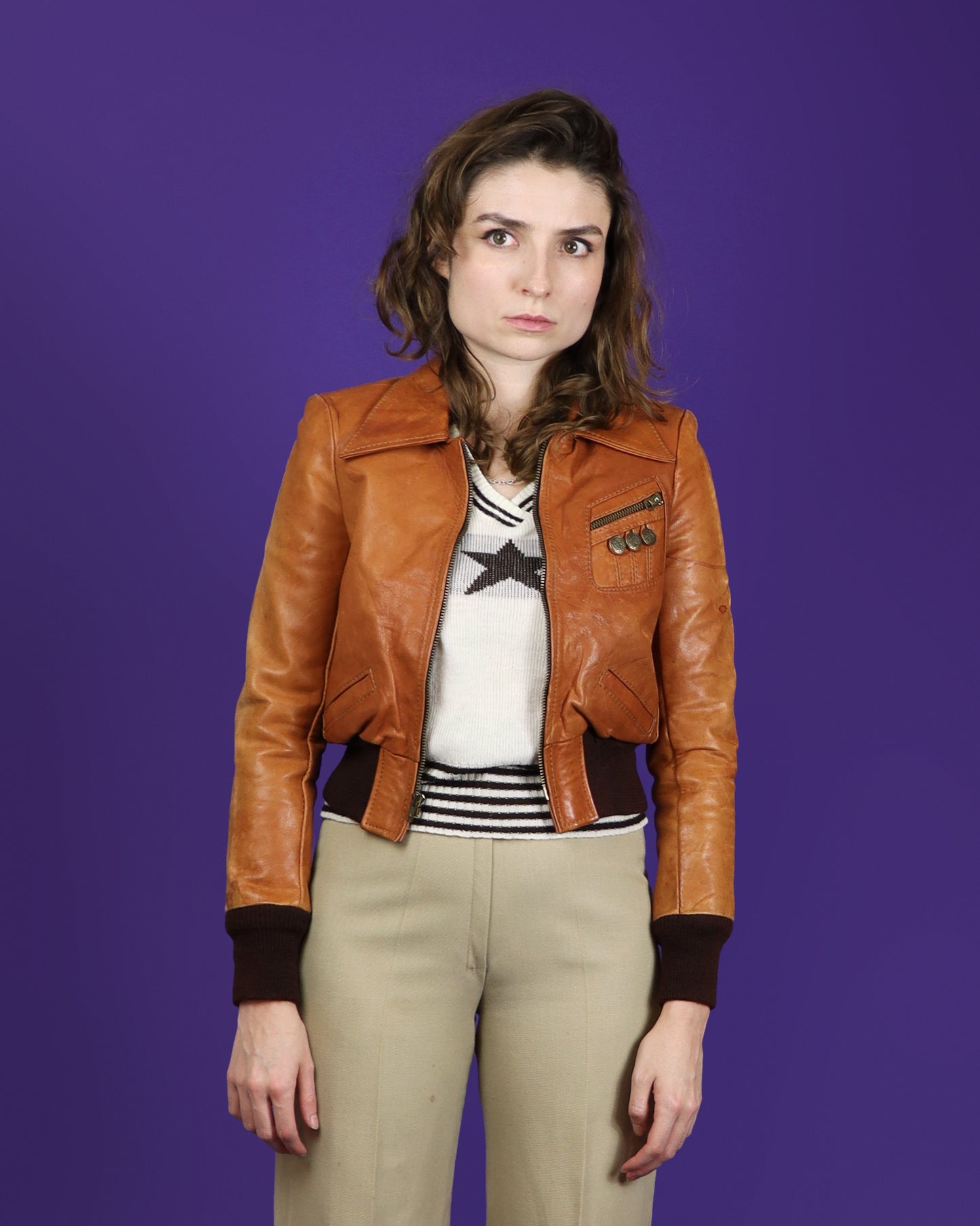 Vintage 1970s Gandalf Tan Leather Bomber Jacket