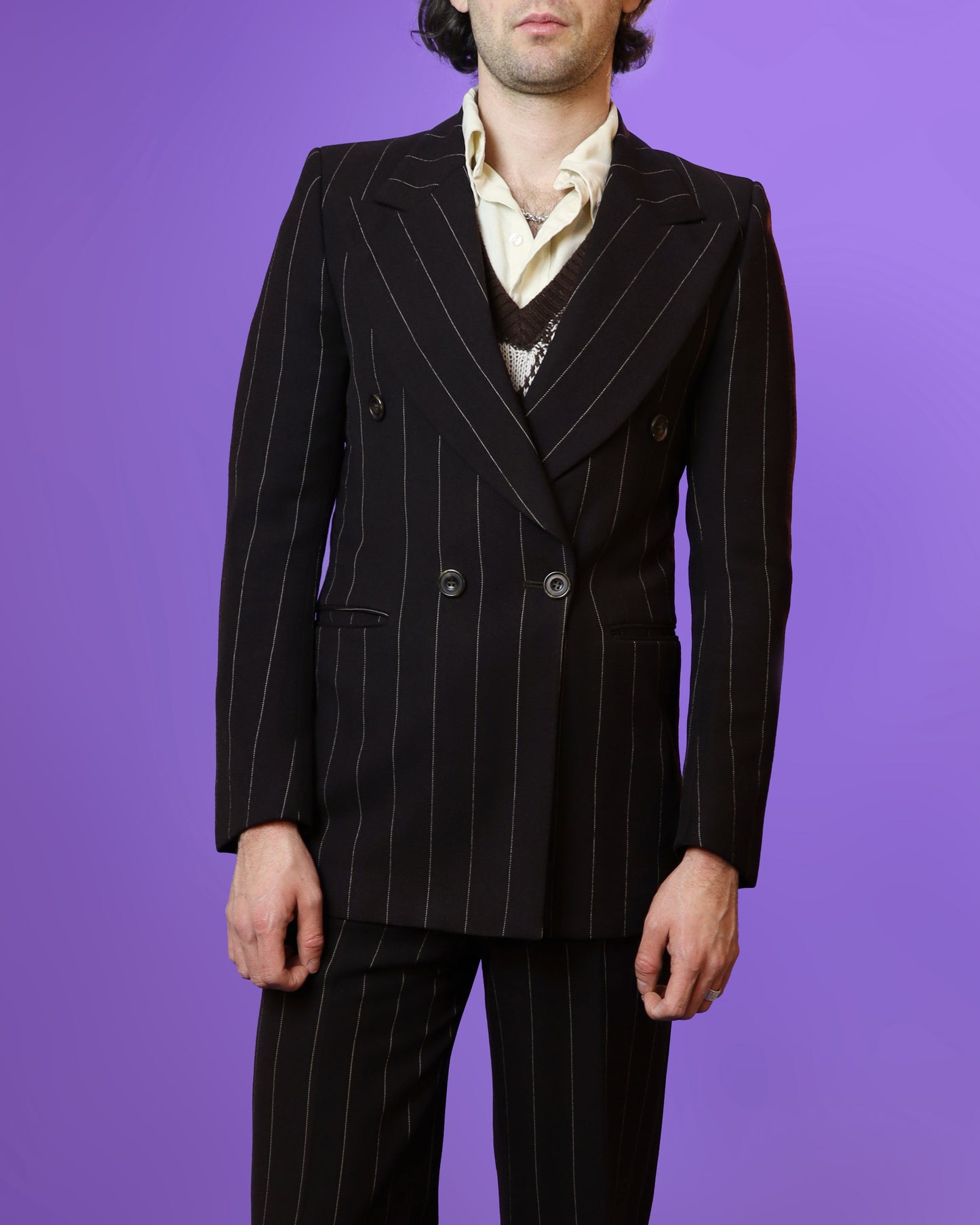 Vintage 1970s Brown Pinstripe Double Breasted Suit