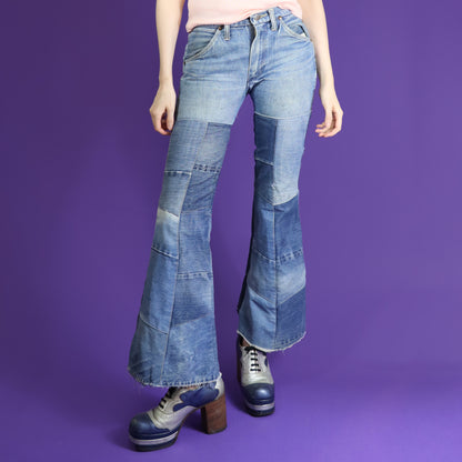 Vintage 1970s Hippy Patchwork Denim Wrangler Flares