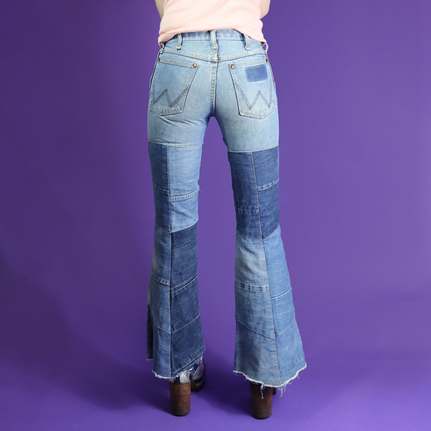 Vintage 1970s Hippy Patchwork Denim Wrangler Flares