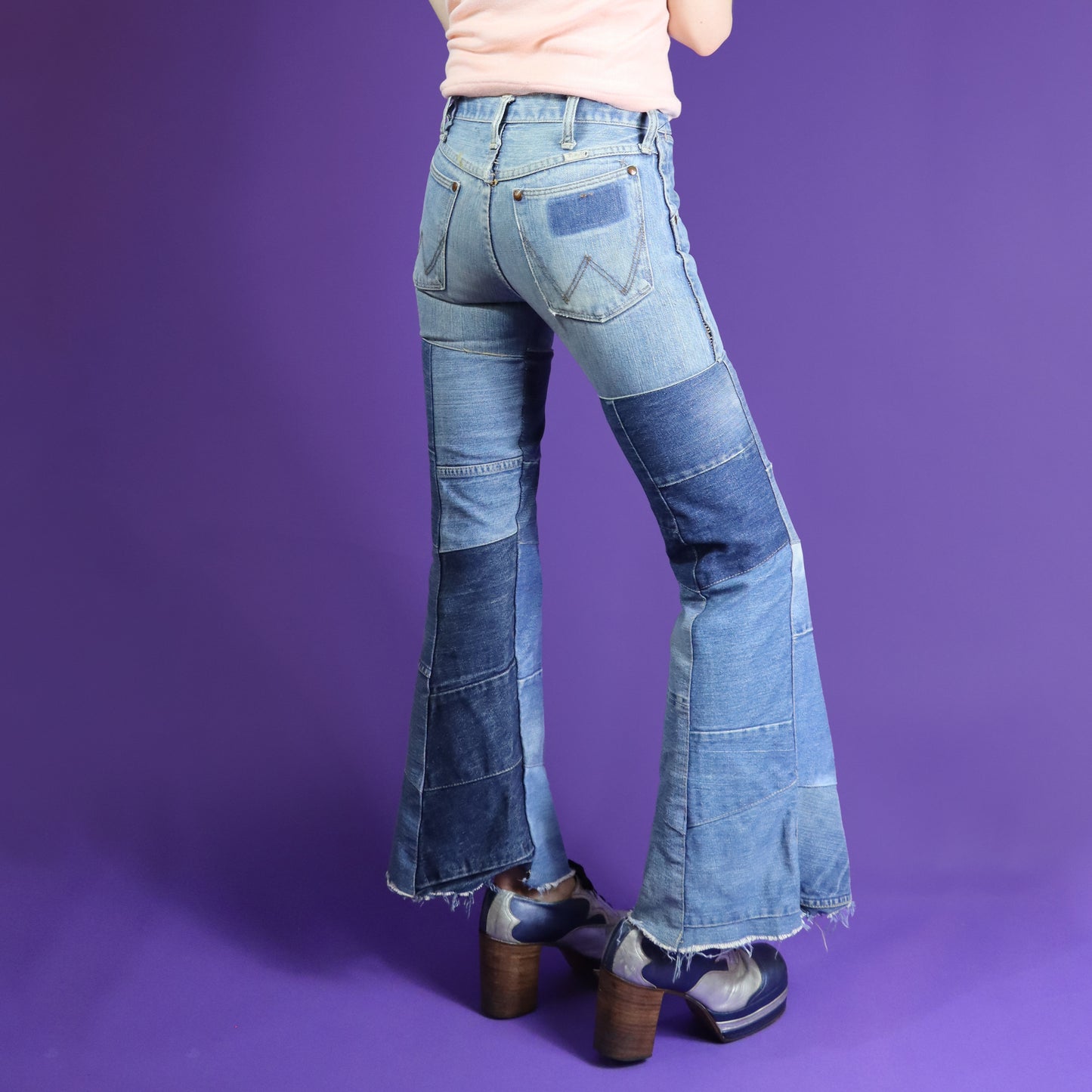 Vintage 1970s Hippy Patchwork Denim Wrangler Flares