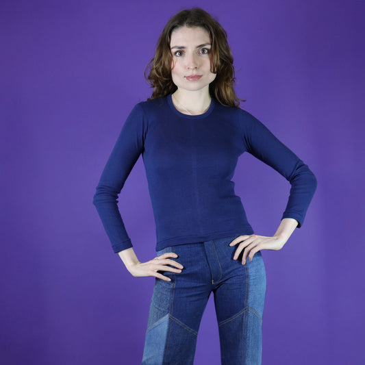 Vintage 1970s Deadstock Cotton Long Sleeve T-Shirt Top Navy