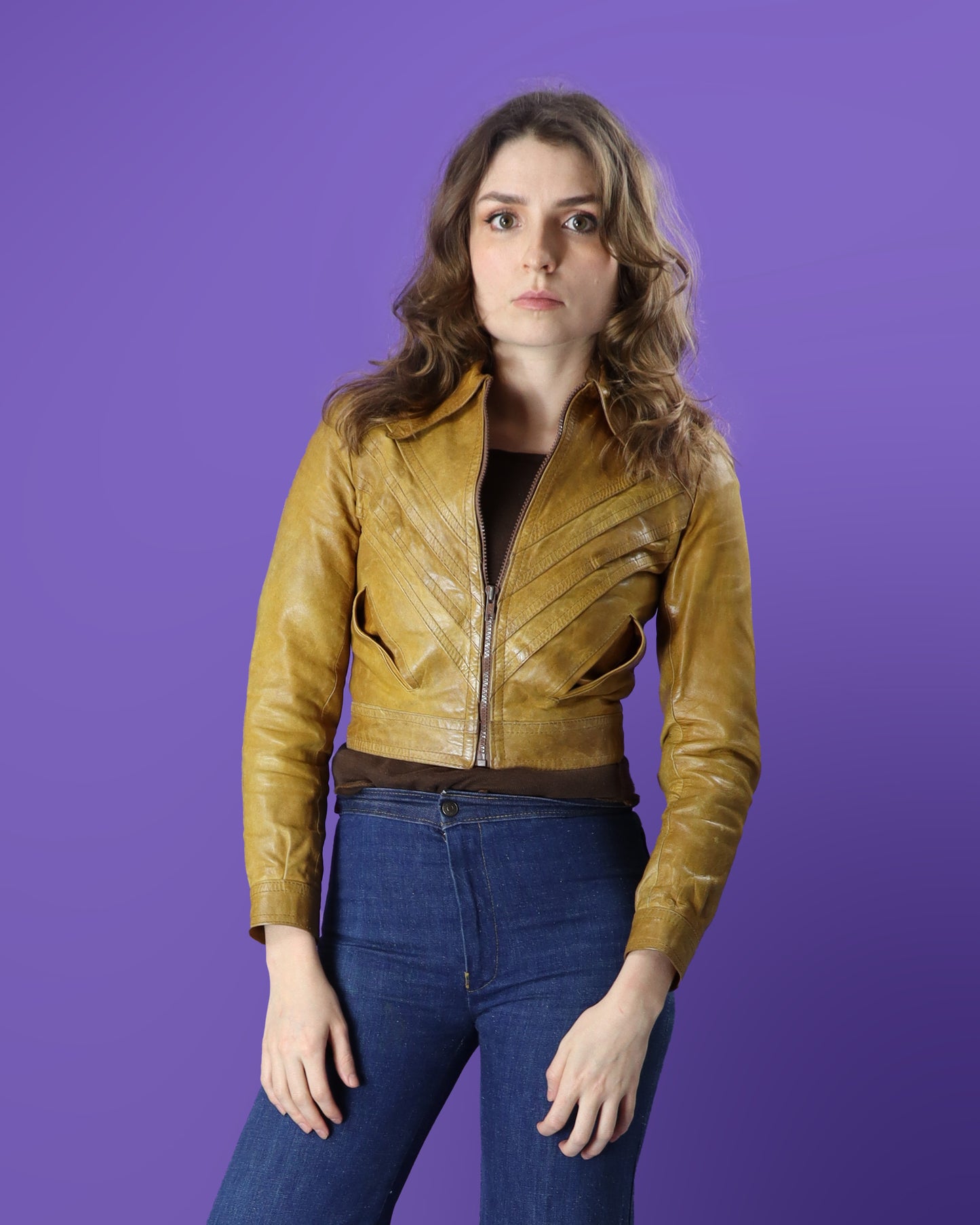 Vintage 1970s Chevron Tan Leather Bomber Jacket