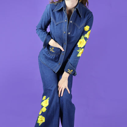 Vintage 1970s Antonio Guiseppe Yellow Roses Embroidered Denim Suit Cowgirl