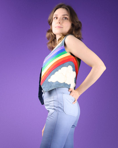 Vintage 1970s Glam Rainbow Stars Appliqué Customised Denim Vest