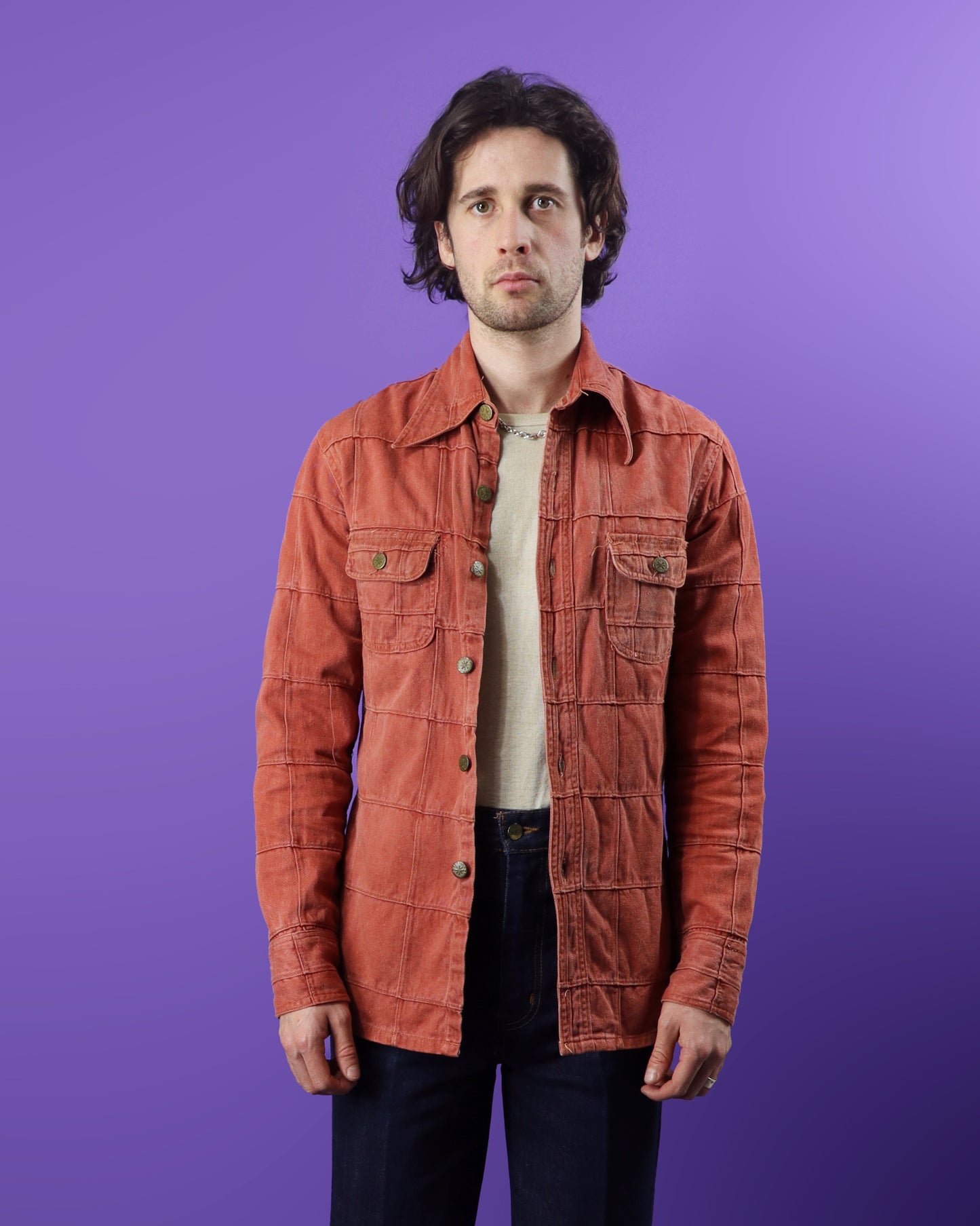 Vintage 1970s Brittannia Coral Windowpane Denim Shirt