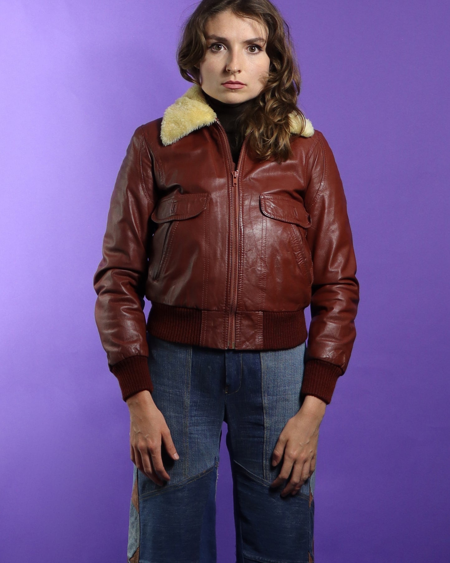 Vintage 1970s Leather Bomber Jacket with Faux Fur Lining