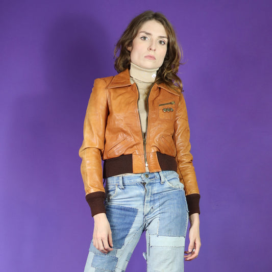 Vintage 1970s Gandalf Tan Leather Bomber Jacket