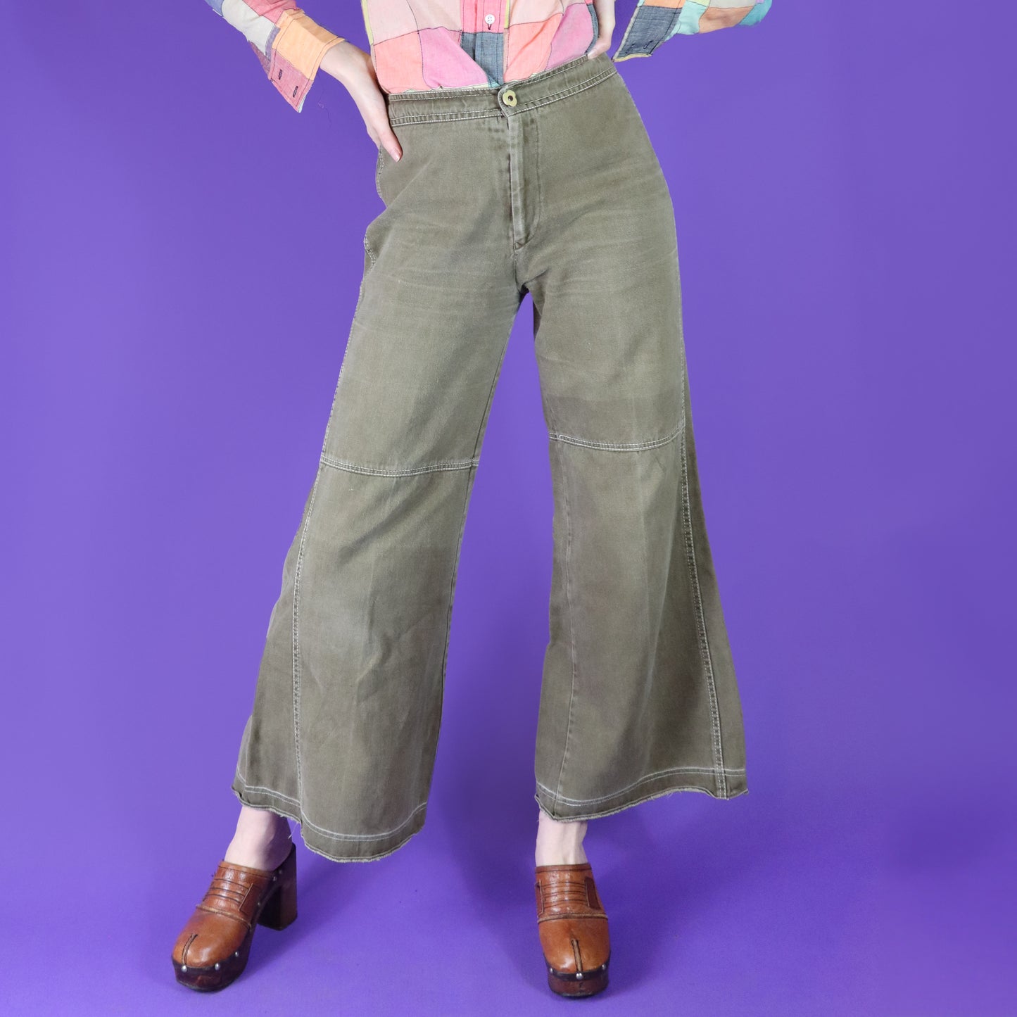 Vintage 1970s Olive Green Washed Out Flares by Roncelli