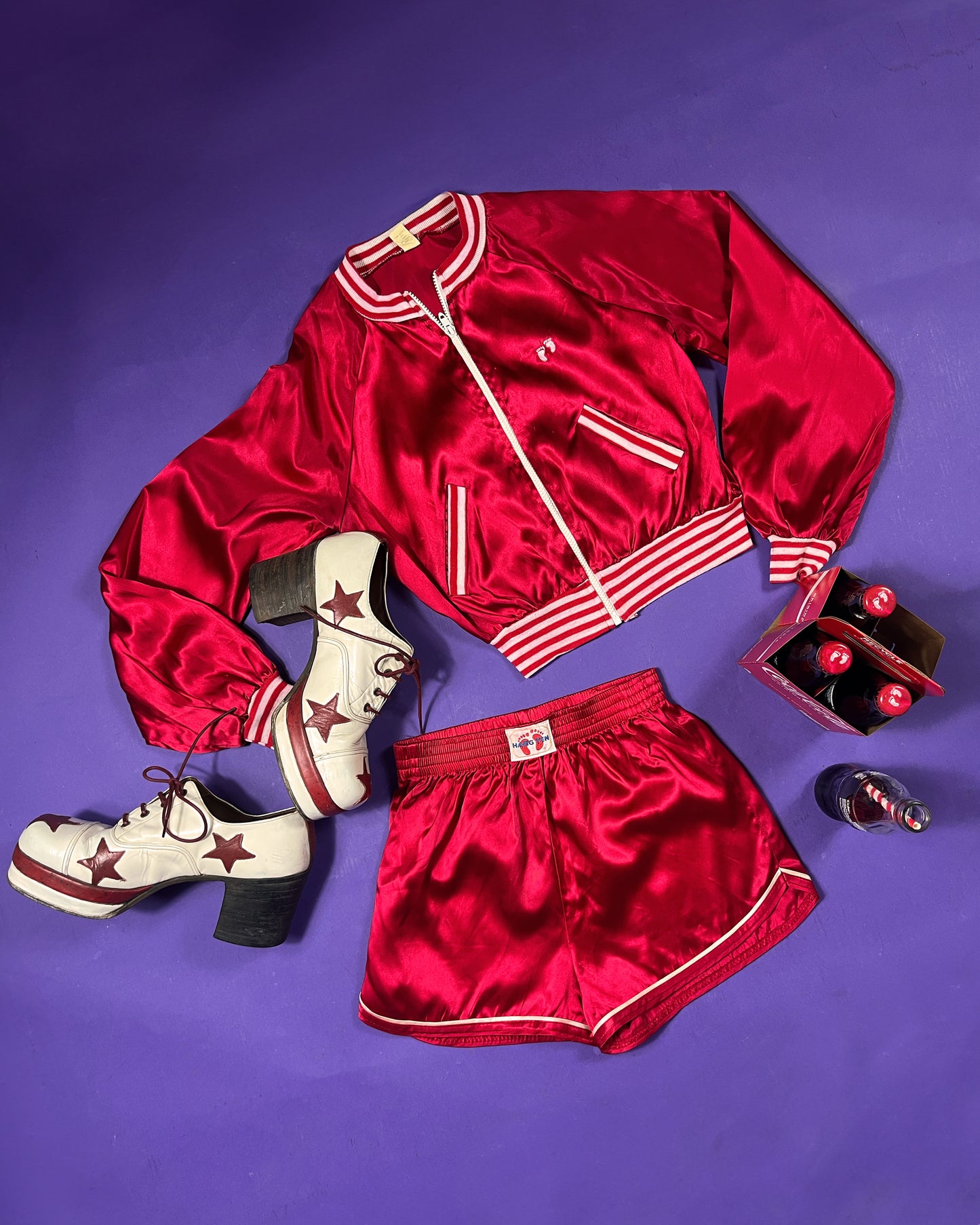 Vintage 1970s Hang Ten Red Satin Shorts Suit