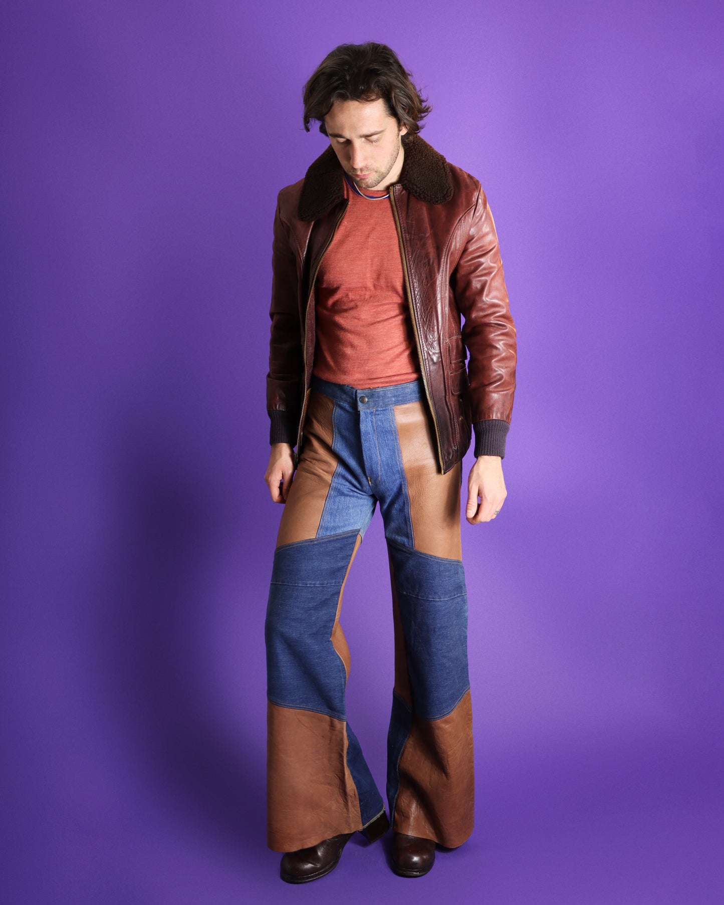 Vintage 1970s Antonio Guiseppe Haute Chocolate Leather Patchwork Denim Flares