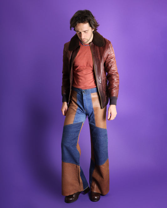 Vintage 1970s Antonio Guiseppe Haute Chocolate Leather Patchwork Denim Flares