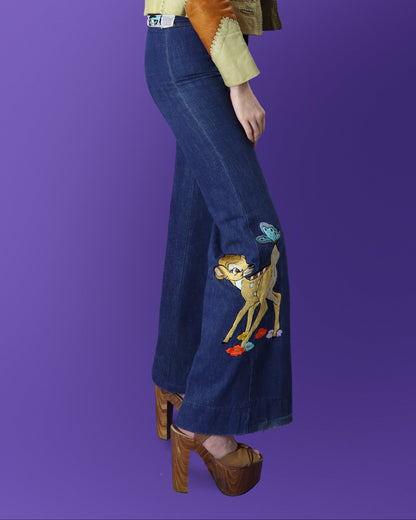 Vintage 1970s Antonio Guiseppe Bambi Denim Embroidered Flares Jeans