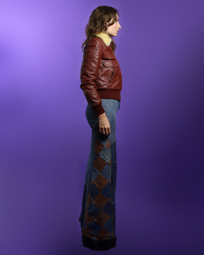 Vintage 1970s Leather Bomber Jacket with Faux Fur Lining