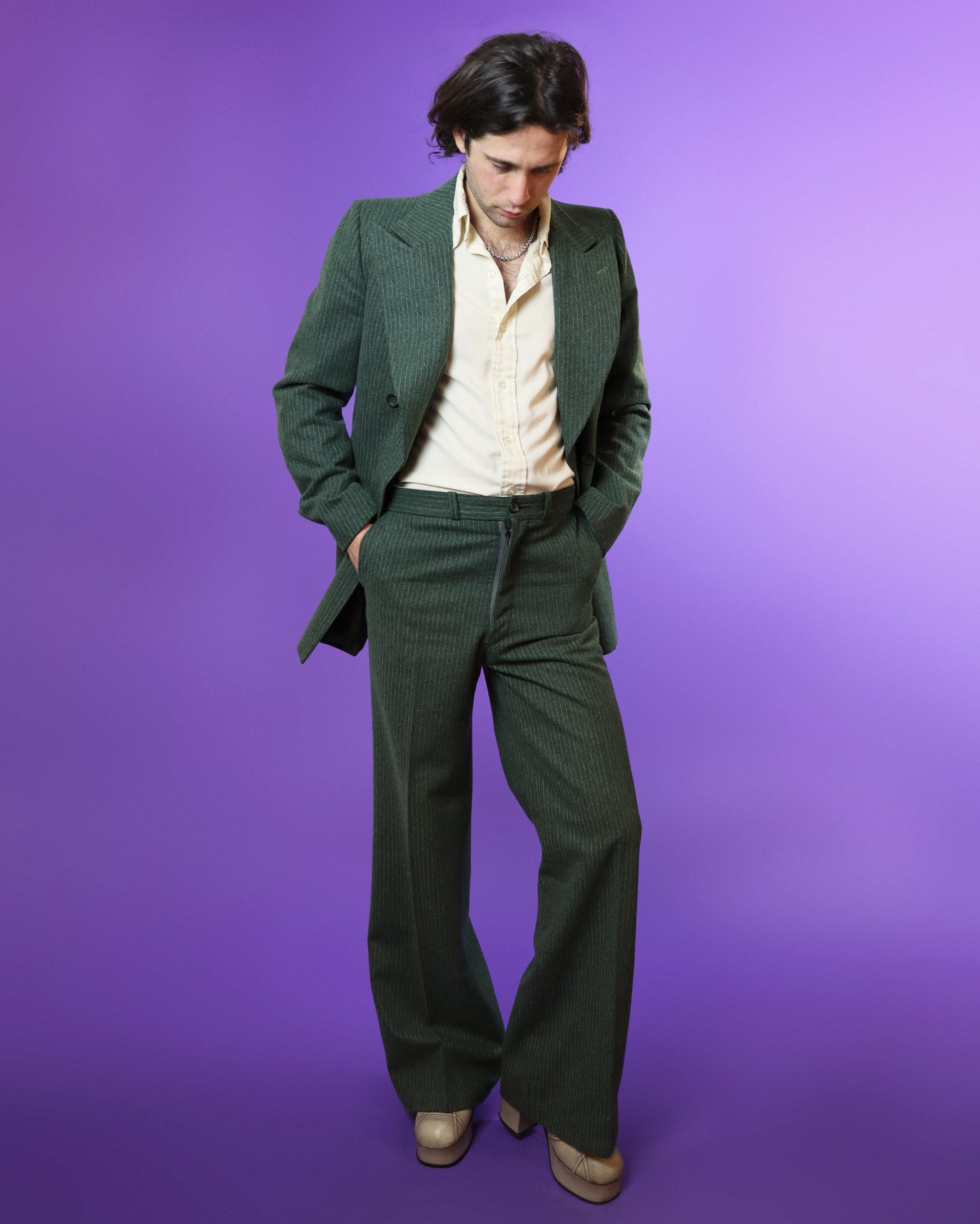 Vintage 1970s Sage Green Woollen Tailored Pinstripe Suit